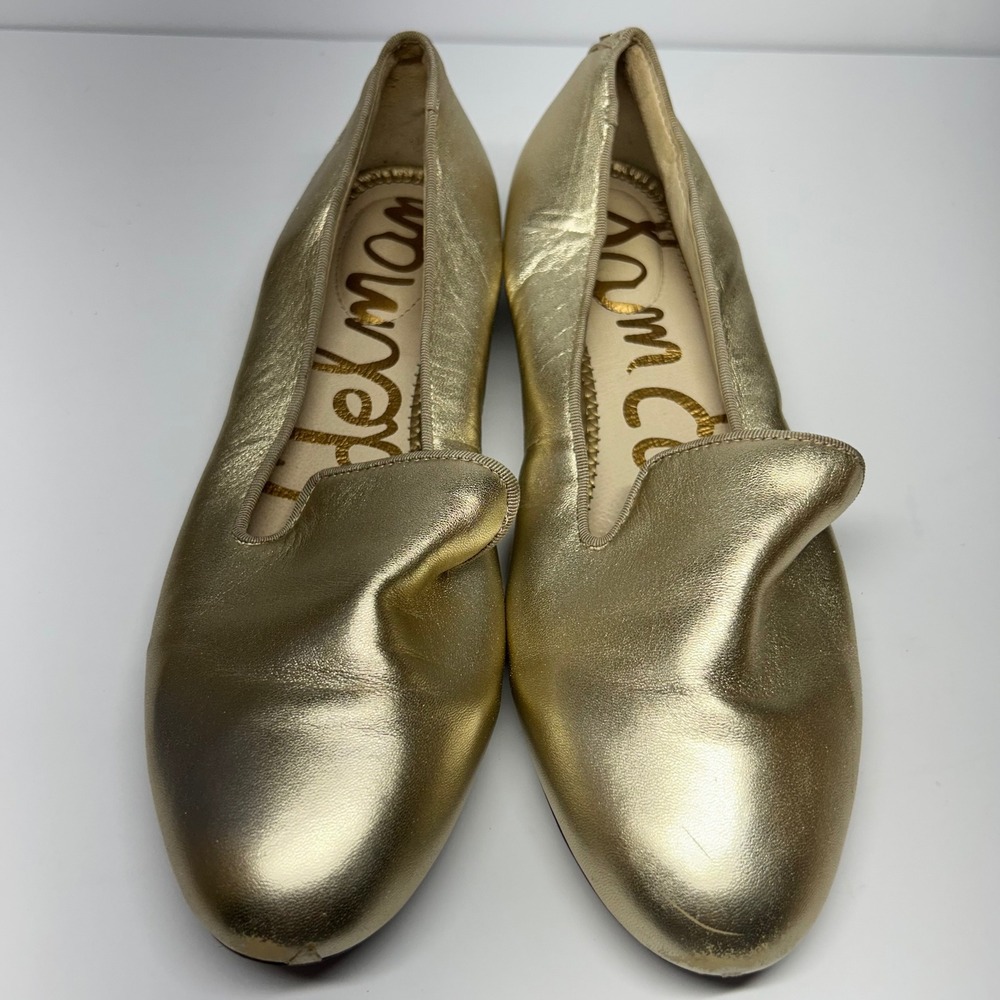 Sam Edelman Smoking Flats Gold Metallic Leather Women 7.5 Almond Toe Loafers